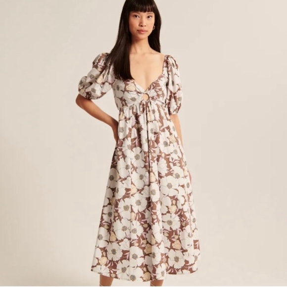 NWT Abercrombie & Fitch Neutral Beige/Brown Floral Fitch O-Ring Midi Dress - Picture 1 of 4